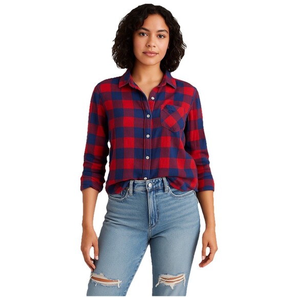 american eagle small Red Blue Plaid Button-Up flannel - Picture 1 of 7